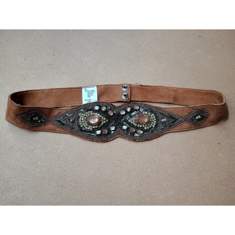Medium 30" Goat Leather Rhinestone Beaded Brown Suede Belt Vintage